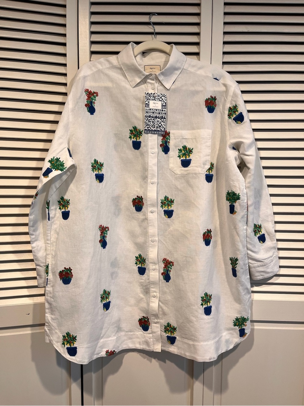 Sezane White Button-Down Shirt with Blue Potted Plant Embroidery